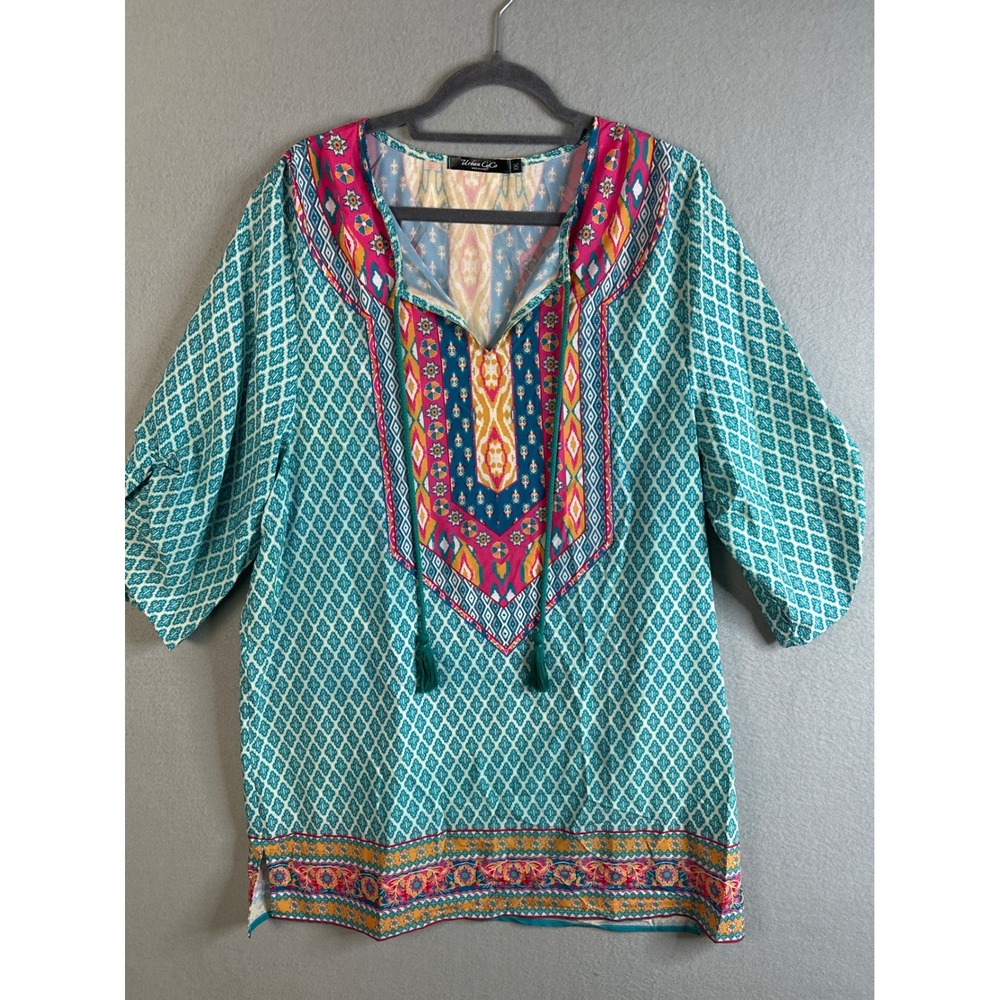 Urban Co Plus Size XXL Tunic Dress Teal Geometric Print Tassels